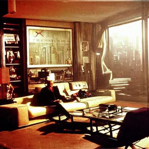 Prompt: rick deckard living room from bladerunner, as decorated by norman rockwell, moody, decadent, dirty,