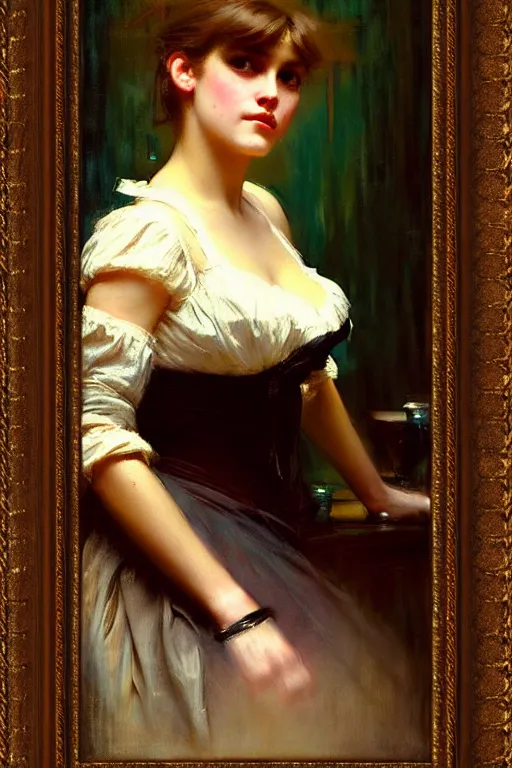 Image similar to soft colorsphotograph imax and solomon joseph solomon and richard schmid and jeremy lipking victorian loose genre loose painting full length portrait painting of pretty barmaid disney