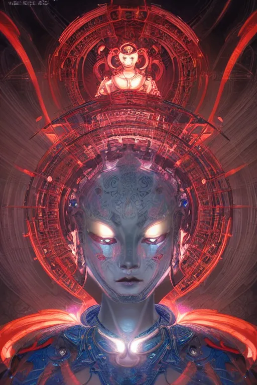 Image similar to asura from chinese myth, ghost, mecha, symmetrical. sci - fi, tech wear, glowing lights, intricate, elegant, highly detailed, digital painting, highly detailed, digital painting, artstation, concept art, smooth, sharp focus, illustration, art by artgerm and greg rutkowski and alphonse mucha