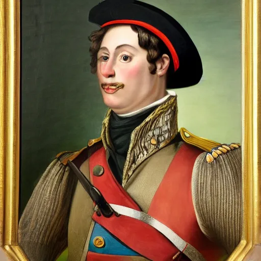 Prompt: a hyper realistic painting of an austrian soldier from 1 8 0 6 wearing a clown hat, ultra detail, realistic.