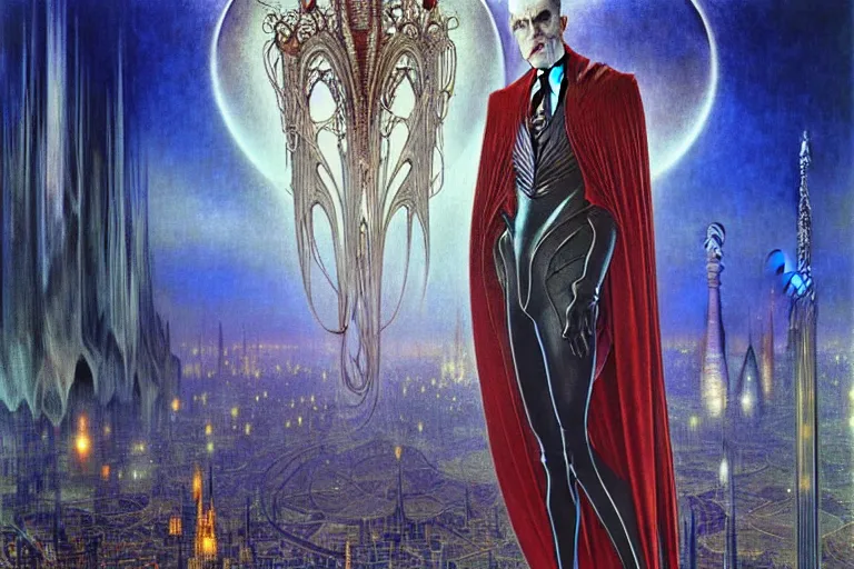 Image similar to realistic extremely detailed portrait painting of an elegantly creepy vampire man in a cape, futuristic sci-fi city on background by Jean Delville, Amano, Yves Tanguy, Alphonse Mucha, Ernst Haeckel, Edward Robert Hughes, Roger Dean, rich moody colours, blue eyes