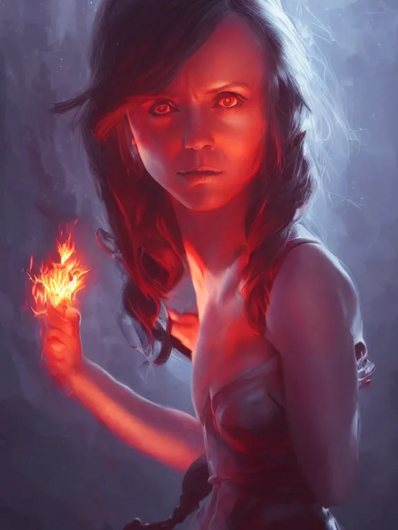 Image similar to Christina Ricci casting a fire spell, red lighting, D&D, fantasy, highly detailed, digital painting, trending on artstation, concept art, sharp focus, illustration, art by artgerm and greg rutkowski and magali villeneuve