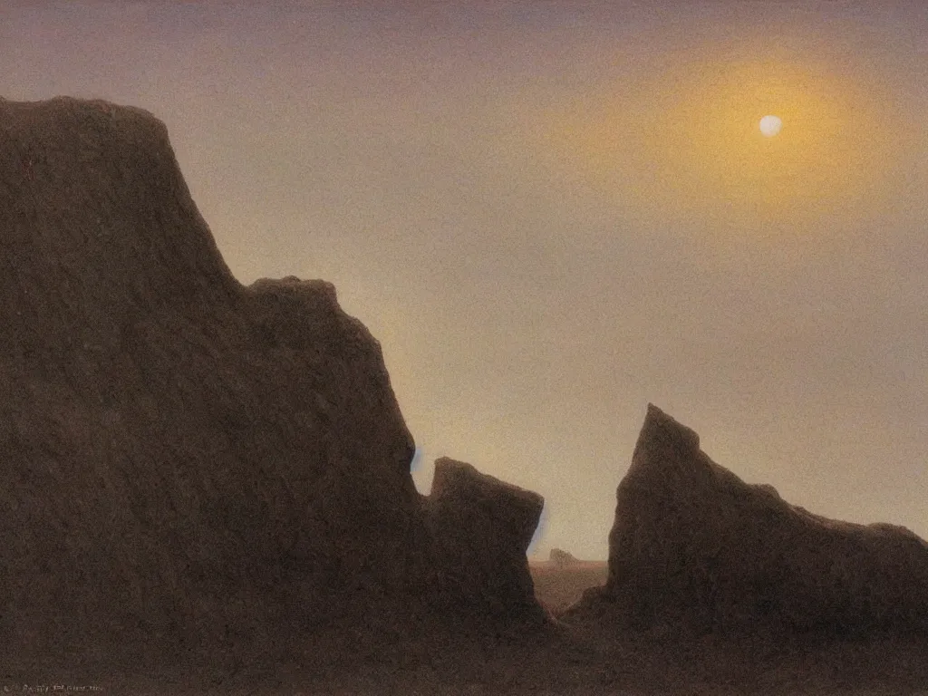 Prompt: Giant crystal rocks at the edge of a sandy beach. Desolate, looming, trenchant, abyss. Painting by Caspar David Friedrich, Beksinski