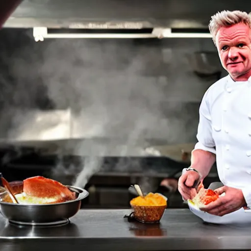 Image similar to hyper real Gordon Ramsey cooking a unicorn in kitchen 4k