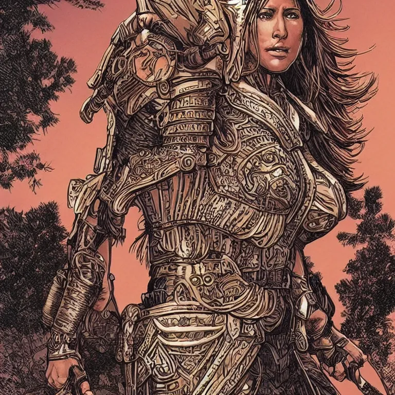 Image similar to jennifer anniston as an amazon warrior, a tall beautiful woman with brown skin and long hair, dressed in hellenistic body armour, intricate, elegant, highly detailed, smooth, sharp focus, detailed face, high contrast, graphic novel, art by laurie greasley