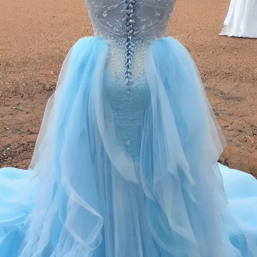 Image similar to full view, a beautiful full detailed ocean inspired wedding dress, put on a mannequin