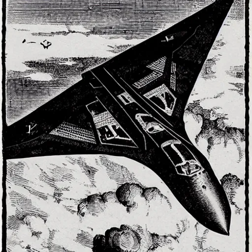 Prompt: woodcut of a b 2 stealth bomber by albrecht durer