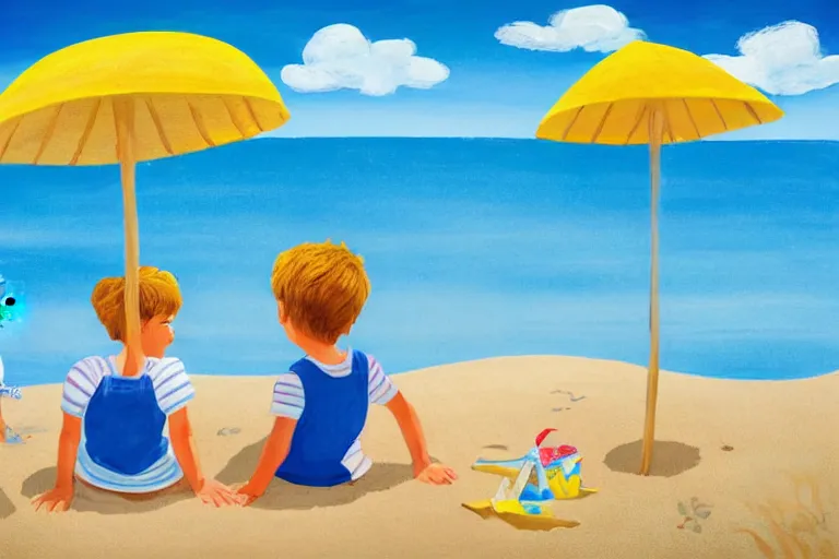 Image similar to Two happy children sitting on the beach making sandcastles, blue sky, children's book, HD, by Benji Davies