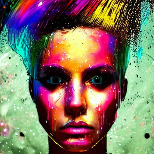 Prompt: splashes of neon galaxies, mowhawk, punk women portrait made out of paint with rain in the background, trending on artstation, epic composition, emotional, beautiful, rendered in octane, highly detailed, realistic, tim burton comic book art, sharp focus, unreal engine