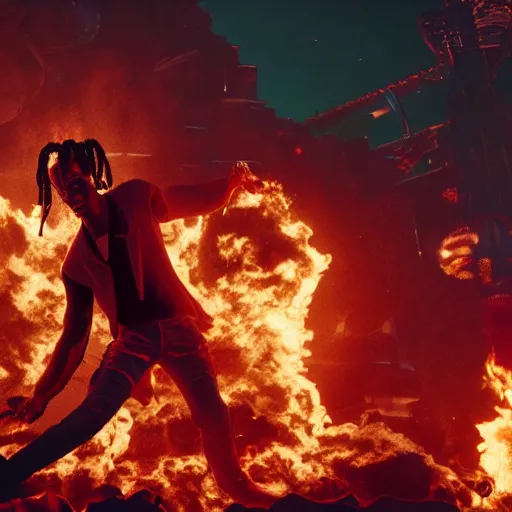 Image similar to a cinematic still of travis scott concert in hell, multiverse, ((octane render, nvidia raytracing demo)), masterpiece