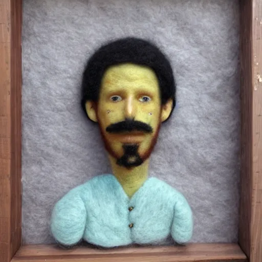 Image similar to by diego velazquez fine needle felting. a beautiful street art of a self - portrait of the artist. he is shown with his head turned to the left, looking at the viewer. his hair is wild & his eyes are wide open. his right hand is raised, as if he is pointing at something.