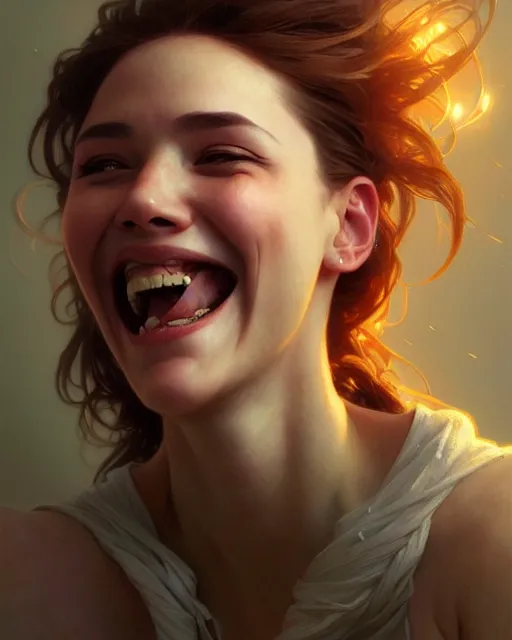 Prompt: portrait of megan laughing, intricate, headshot, highly detailed, digital painting, artstation, concept art, sharp focus, cinematic lighting, illustration, art by artgerm and greg rutkowski, alphonse mucha, cgsociety