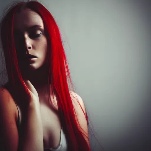 Prompt: a photo of a young woman. moody and melanchonic. red, yellow