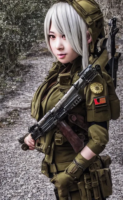 Image similar to portrait photo, highly detailed, high resolution, cosplay photo, stunning, girls frontline style, bokeh soft, 100mm, trending on instagram, by professional photographer, realistic human anatomy, real human faces, realistic military carrier, soldier clothing, modern warfare, realistic weapon, shot with a arriflex 35 ii, low saturation, small human eyes, real face