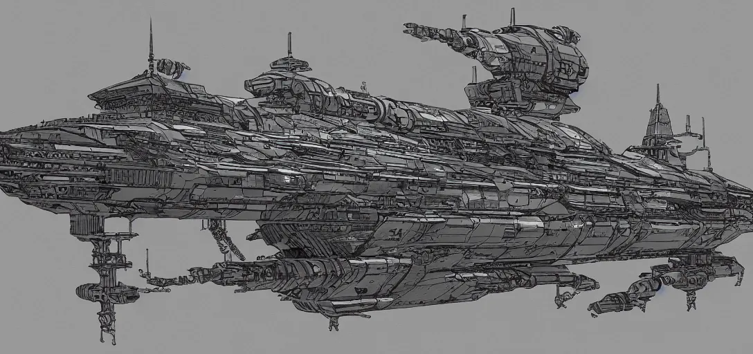 Prompt: of 3 / 4 side view perspective of a historical inspired futuristic metal greebles victorian era war ship as a massive spacepunk futuristic spaceship with cyberpunk futuristic aesthetics, as it travels through space, planets in the background by john.