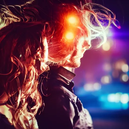 Image similar to closeup of face, steam punk, dramatic neon lighting, F1.5, hair being blown around, city behind them