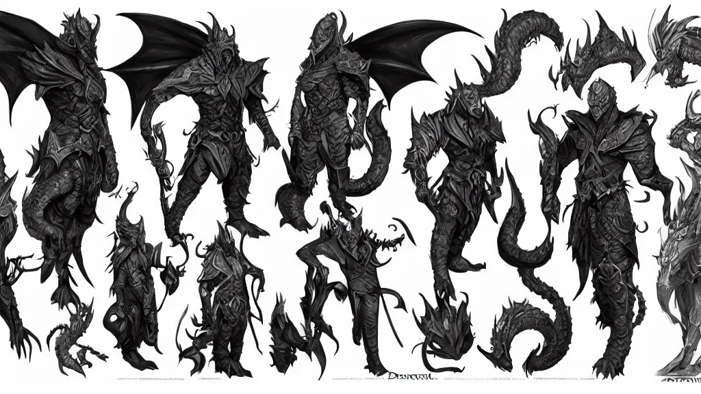 Image similar to a fantasy draconian character design sheet, trending on artstation