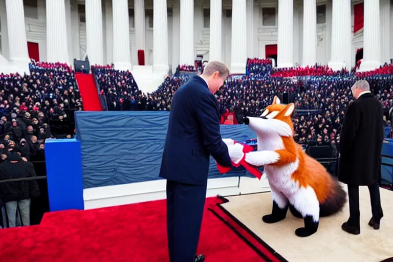 Image similar to photo of the usa presidential inauguration, a fox fursuiter being inaugurated as president