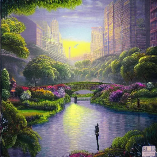 Prompt: Beautiful city of the future in harmony with nature. Beautiful detailed grainy painting by Lurid. (2022)