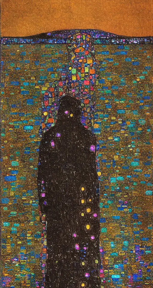 Prompt: a robed figure standing at the side of a dark lake, looking at the reflection of the moon in the water :: illustrated in the style of klimt, moebius, alex grey :: psychedelic, moody, backlight, iridescent, fluorescent