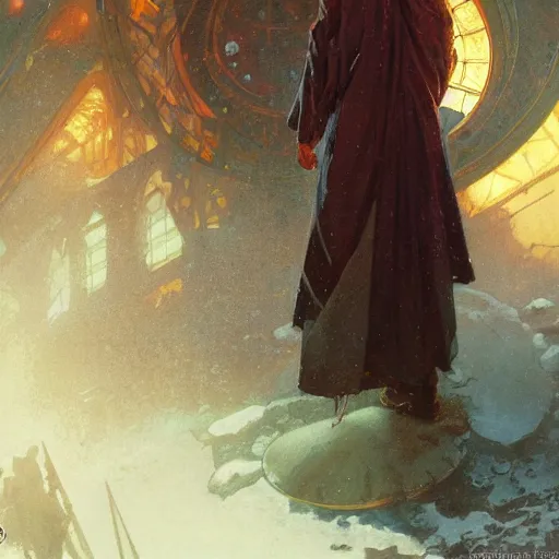 Image similar to A soviet officer wearing long flowing robes in front of a magical gateway to another universe, illustration by greg rutkowski, thomas kindkade, alphonse mucha, loish, norman rockwell, artstation