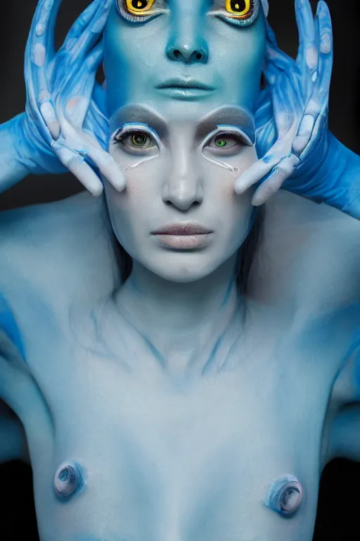 Prompt: beautiful portrait of a blue alien woman with 4 insect eyes, wearing an outfit made from plutonium, silicone skin, symmetrical face, piercings resembling plasma jets, the 5 th element, cinematrographic, elegant, soft shapes, sharp details, 3 5 mm, f / 2 4