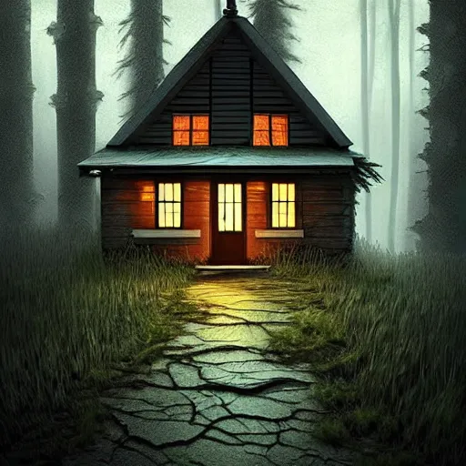 Prompt: a cottage in the woods with a notepad for front door, trending on artstation, detailed digital art, eerie thriller aesthetic!!!!,