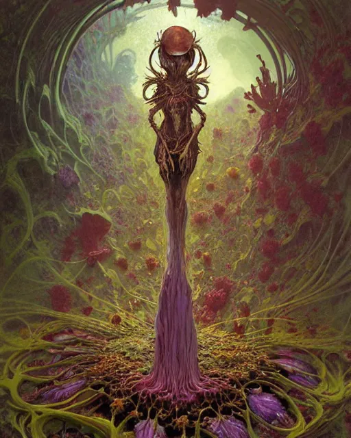 Prompt: the platonic ideal of flowers, rotting, insects and praying of cletus kasady carnage davinci dementor chtulu mandelbulb mandala ponyo dinotopia the witcher, fantasy, ego death, decay, dmt, psilocybin, concept art by randy vargas and greg rutkowski and zdzisław beksinski and alphonse mucha