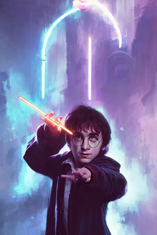 Image similar to portrait of Harry Potter with faciap in cyberpunk, neon lighting, holding laser wand, digital art from artstation by Ruan Jia and Mandy Jurgens and Artgerm and william-adolphe bouguereau and Greg Rutkowski and Wayne Barlowe