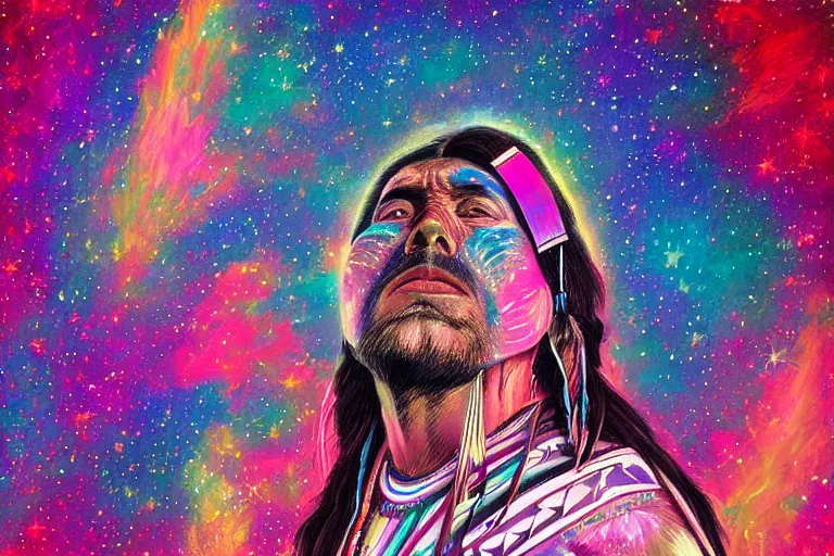 Image similar to digital art of a spiritual native american man looking up at the stars, acrylic art, universe, painting, pastel colors, synthwave, retro, cyberpunk,