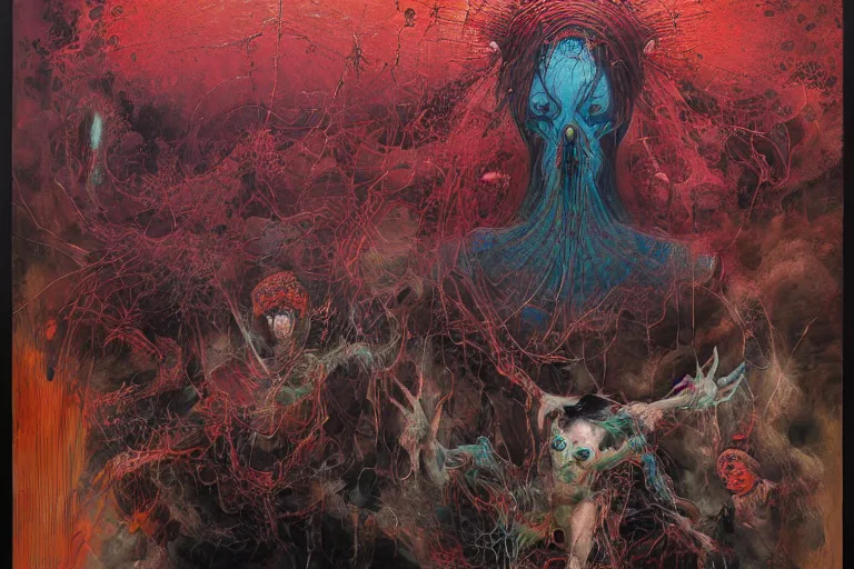 Image similar to The physical impossibility of death, in a brutalist architecture space ship, gothic, flowing rich deep colours, creepy, diabolical, dark, mystical, intrincate,painted by Francis bacon, Adrian ghenie, James jean and Petra cortright, Part Beksinski, part by Takato Yamamoto. 8k masterpiece