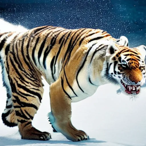 Prompt: A shark tiger hybrid 8' the Arctic snow. A creature that is half tiger half shark. National Geographic photograph