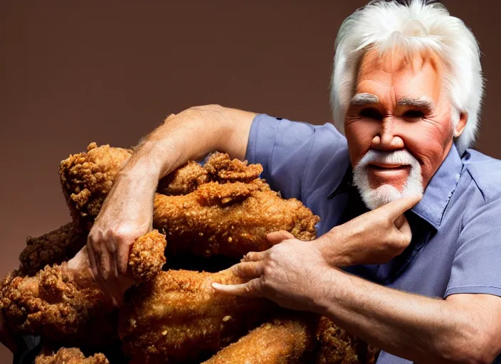 Image similar to photo still of kenny rogers in a fried chicken pit!!!!!!!! at age 4 6 years old 4 6 years of age!!!!!!!! hiding from parents, 8 k, 8 5 mm f 1. 8, studio lighting, rim light, right side key light