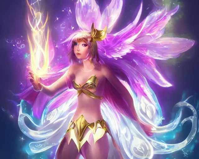 Prompt: champion Splashart of the goddess of fairies filled with sparkeling light and a loving sensation