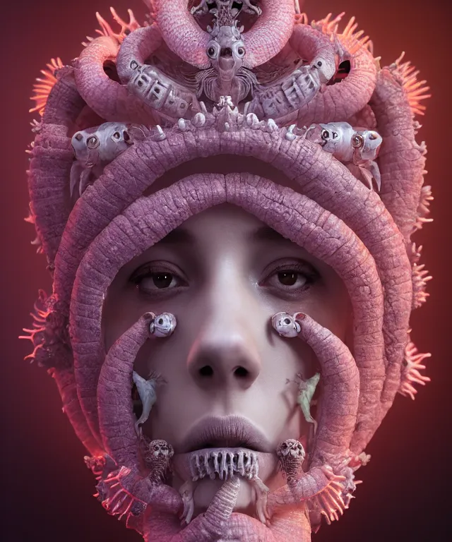 Image similar to symmetrical, centered, goddess close-up portrait wigh crown made of skulls. betta fish, phoenix, bioluminiscent creature, intricate artwork by Tooth Wu and wlop and beeple. octane render, trending on artstation, greg rutkowski very coherent symmetrical artwork. cinematic, hyper realism, high detail, octane render, 8k