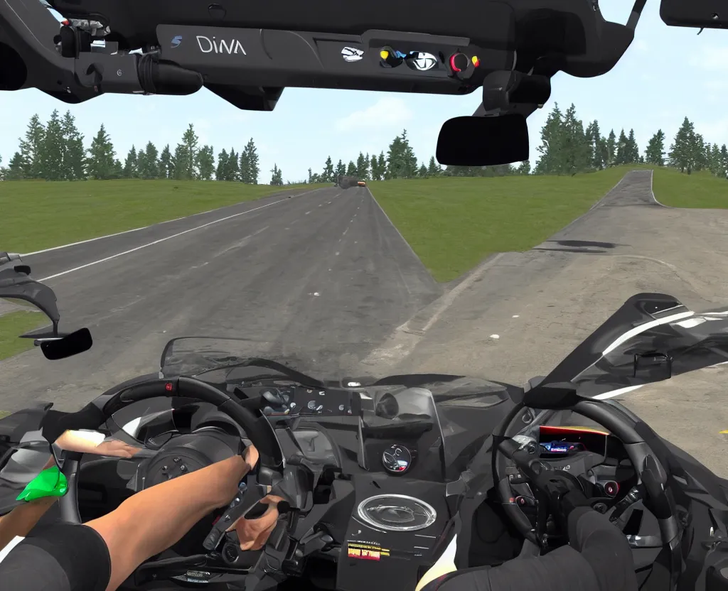 Prompt: first person point of view of driver simulator