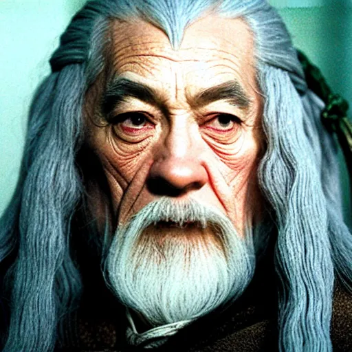 Image similar to a still from “ lord of the rings ” of a head and shoulders portrait of gandalf played by fei lung without beard, photo by phil noto