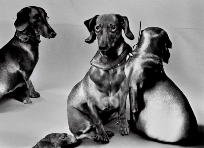 Prompt: stills from akira kurosawa's 1 0 7 dachshunds,