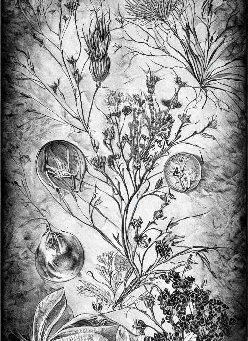 Image similar to black and white botanical art of mysterious and arcane mechnical items. composition, boho mystical, fine lines, very high details