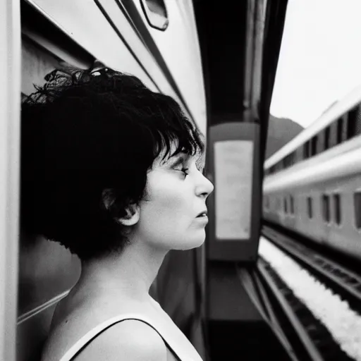 Prompt: a black haired woman gets annoyed by a train delay and is listening to the cure in germany, photography, hasselblad, large format