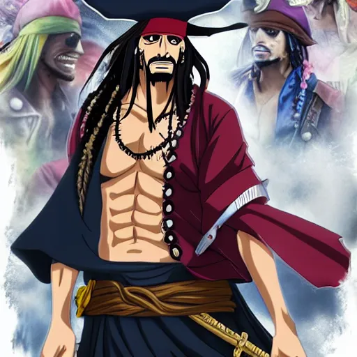 Prompt: Jack Sparrow as an anime character from One Piece. Beautiful. 4K.