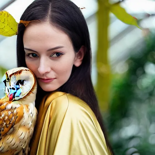 Image similar to portrait photograph of beautiful!!!! young female , symmetric face!, symmetric eyes, slight smile, natural light, wearing a yellow kimono!! with a very detailed barn owl! on her shoulder in a tropical greenhouse. looking at the camera!!. golden crown made of golden leaves. super resolution. Extremely detailed. Graflex camera!, bokeh!!!!!. by alphonse mucha.