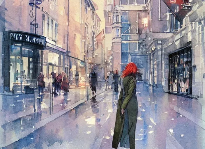 Image similar to concept art of allyway in england city, pinterest, artstation trending, behance, watercolor, by coby whitmore *, silver, laser light *,