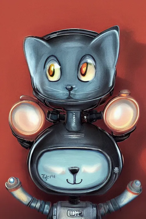 Image similar to a cute cat robot, painted by wally wood and matt jefferies, trending on artstation, steam punk, bright macro view pixar, award - winning, blueprint, big eyes, ( ( ( copper ) ) ) wire whiskers, chillwave, realism