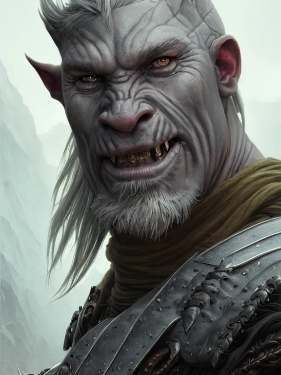 Prompt: portrait of a grey orc, looking at camera, d & d, savage warrior, leather attire, very long flowing hair, intricate, fantasy, extremely detailed, digital painting, artstation, concept art, smooth, sharp focus, illustration, ambient lighting, art by artgerm and greg rutkowski and alphonse mucha and simon stalenhag