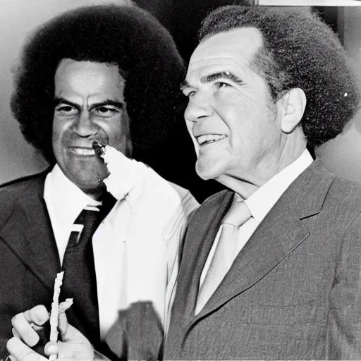 Prompt: Richard Nixon with an afro and a joint, 1971