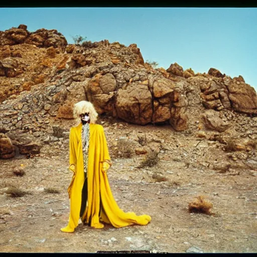 Image similar to mick jagger dressed in golden costume with jewels in a dry rocky desert landscape, visible sky and sunny atmosphere, fata morgana by alejandro jodorowsky, anamorphic lens, kodakchrome, 8 k -