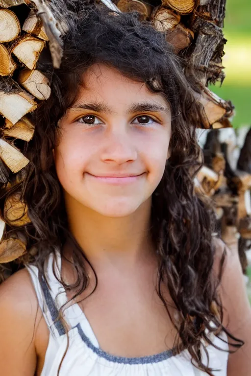 Prompt: close up headshot of a middle-school girl with brown eyes and unkempt wavy short brown hair wearing a white dress and holding a bundle of firewood, high resolution film still, 8k, HDR color, short hair, round face, dimples, beautiful gazing eyes