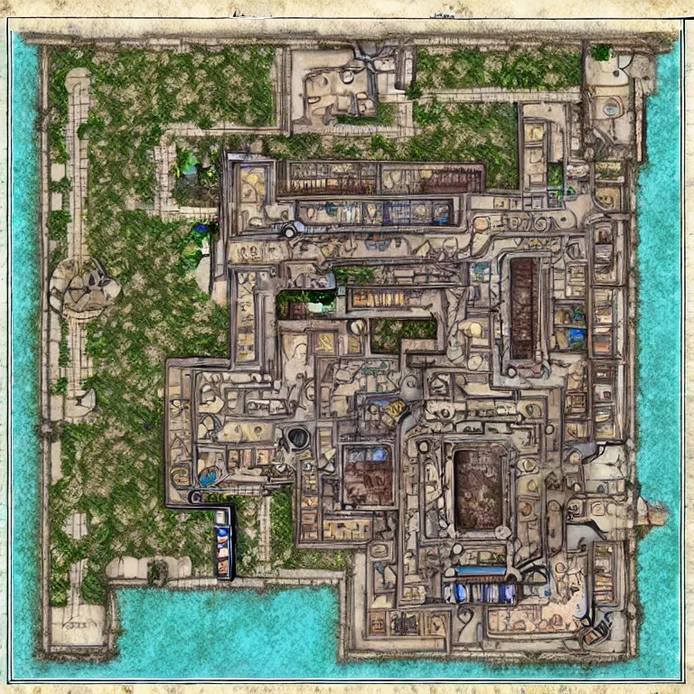 Prompt: full - color fantasy floor plan map of a dungeon, by james gurney, trending on artstation