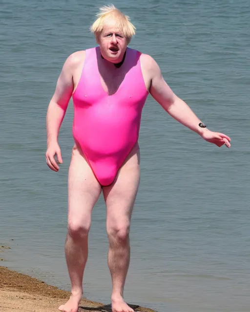 Prompt: boris johnson wearing a neon pink mankini at the beach